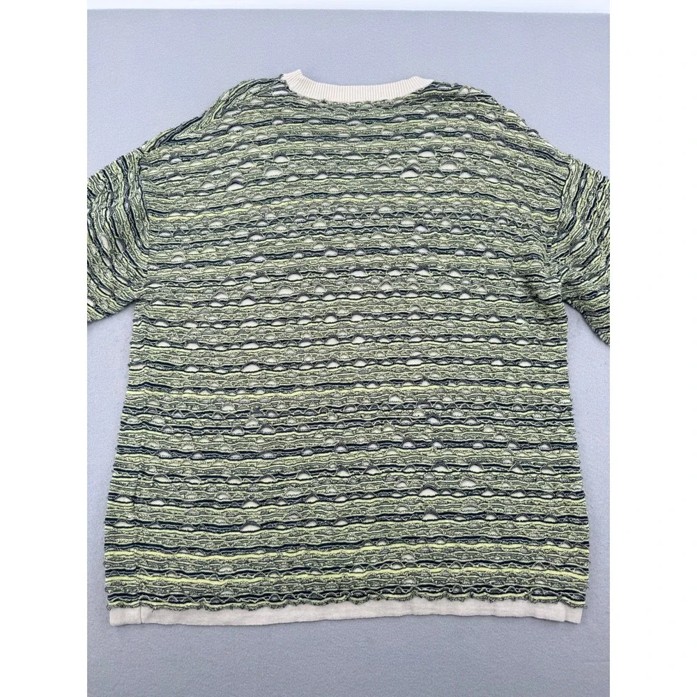 Zara Man Open Knit Striped Sweater Mens XL Green/Black Distressed Mesh Indie